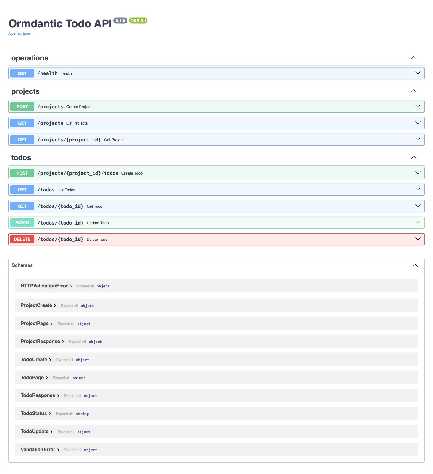 FastAPI OpenAPI page listing the Todo project and item endpoints